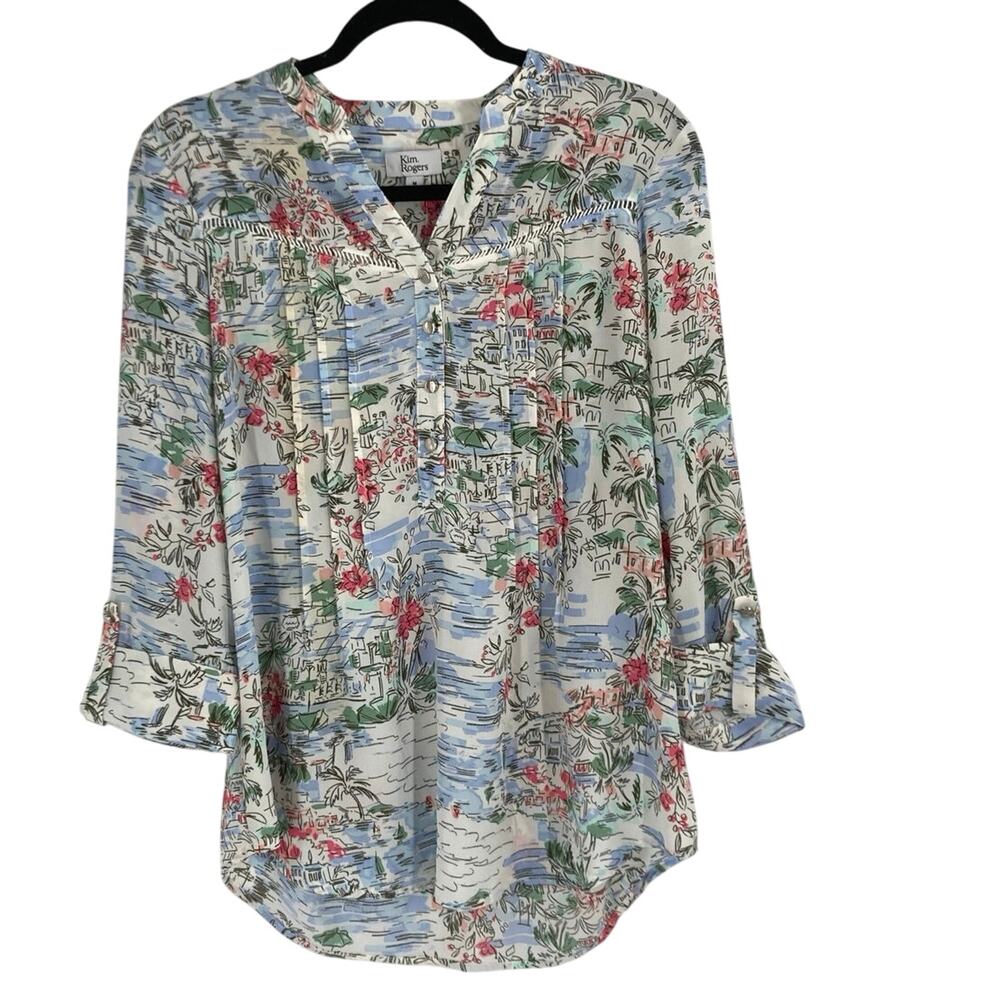 Kim Rogers Tropical Island Print Pleated Blouse Women’s Medium NEW